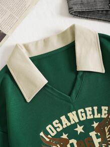 SHEIN EZwear Letter Graphic Contrast Collar Crop Sweatshirt Pullover Fall Sweatshirt - Green - View 6