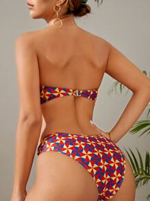 Allover Print Ring Linked Bandeau Summer Beach Bikini Set - Multicolor - View 2