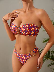 Allover Print Ring Linked Bandeau Summer Beach Bikini Set - Multicolor - View 3