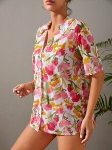 Kimono con botones estampado floral de verano - Multicolor - Ver 4