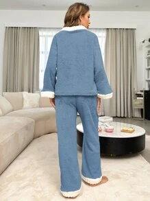 Conjunto de pijama ribete en contraste de hombros caídos de franela - Neblina azul - Ver 2