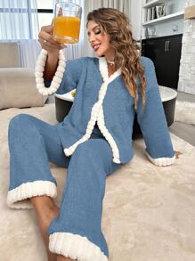 Conjunto de pijama ribete en contraste de hombros caídos de franela - Neblina azul - Ver 3