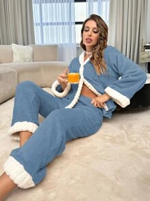 Conjunto de pijama ribete en contraste de hombros caídos de franela - Neblina azul - Ver 4