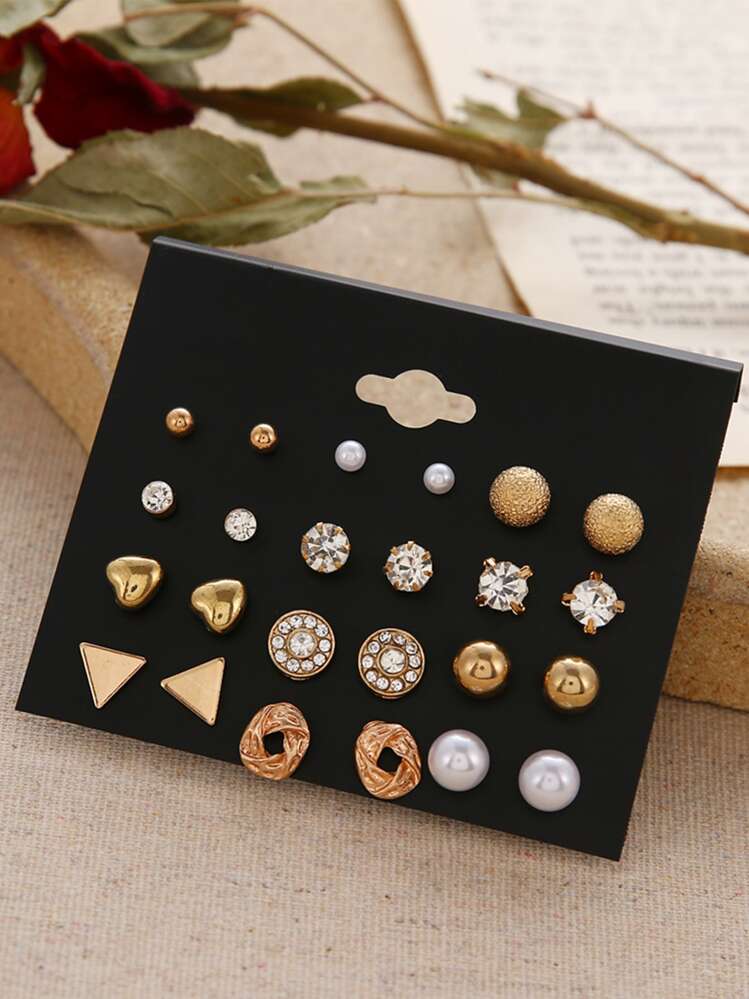 12par Kubik Zirkonium & Pärldekor Örhängen med knoppar - Gult guld - Visa 2