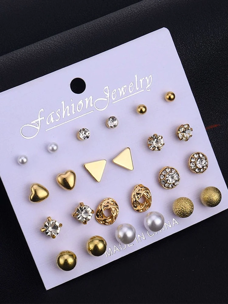 12par Kubik Zirkonium & Pärldekor Örhängen med knoppar - Gult guld - Visa 3