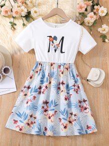 Girls Letter & Tropical Print Dress - Multicolor - View 1