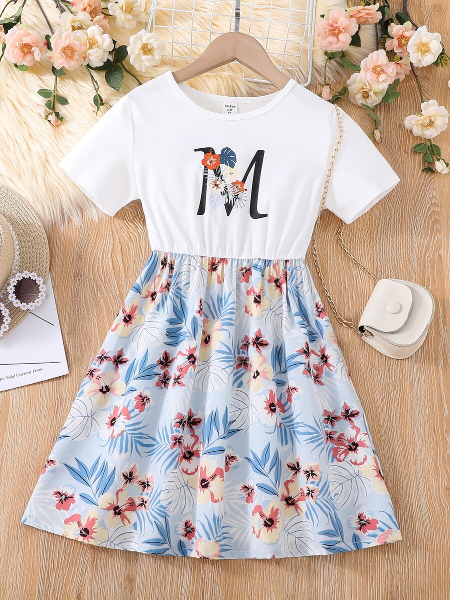 Girls Letter & Tropical Print Dress - Multicolor - View 1