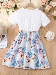 Girls Letter & Tropical Print Dress - Multicolor - View 2