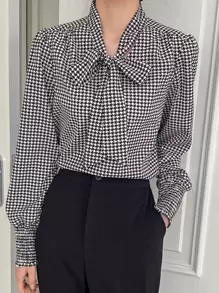 DAZY Houndstooth Print Tie Neck Puff Sleeve Blouse - Black and White - View 1