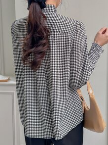 DAZY Houndstooth Print Tie Neck Puff Sleeve Blouse - Black and White - View 2