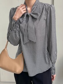 DAZY Houndstooth Print Tie Neck Puff Sleeve Blouse - Black and White - View 5
