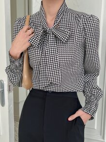 DAZY Houndstooth Print Tie Neck Puff Sleeve Blouse - Black and White - View 6