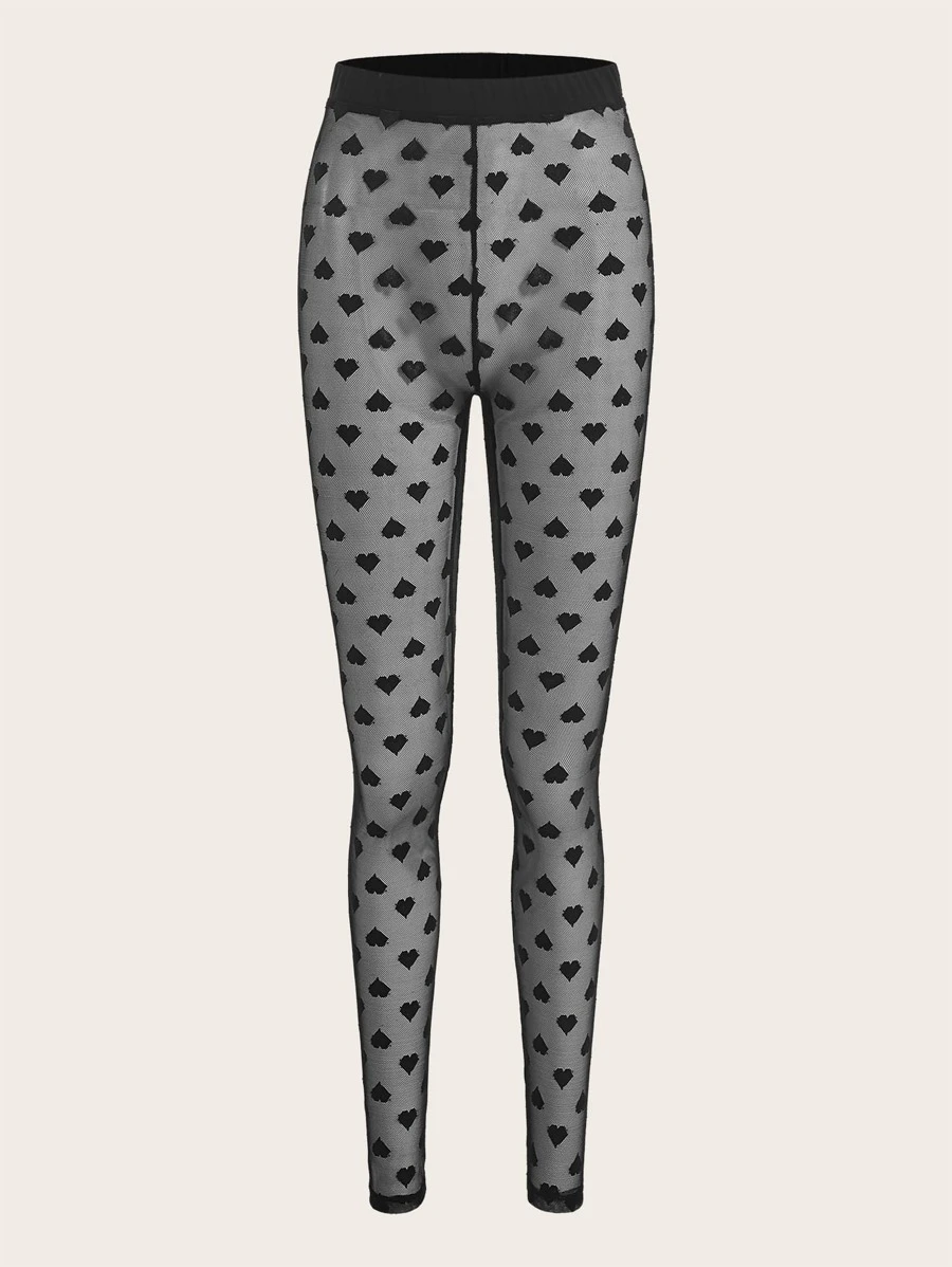 SHEIN Privé Heart Pattern Mesh Leggings - Black - View 1