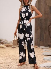SHEIN Clasi Floral Print Belted Halter Jumpsuit - Black - View 4