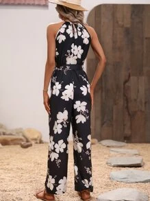 SHEIN Clasi Floral Print Belted Halter Jumpsuit - Black - View 2