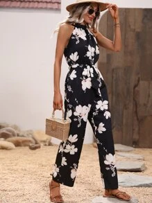 SHEIN Clasi Floral Print Belted Halter Jumpsuit - Black - View 1