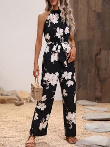 SHEIN Clasi Floral Print Belted Halter Jumpsuit - Black - View 3