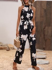 SHEIN Clasi Floral Print Belted Halter Jumpsuit - Black - View 6