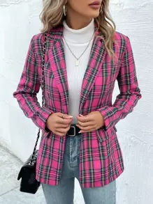 SHEIN Privé Plaid Flap Detail Single Button Blazer - Hot Pink - View 1