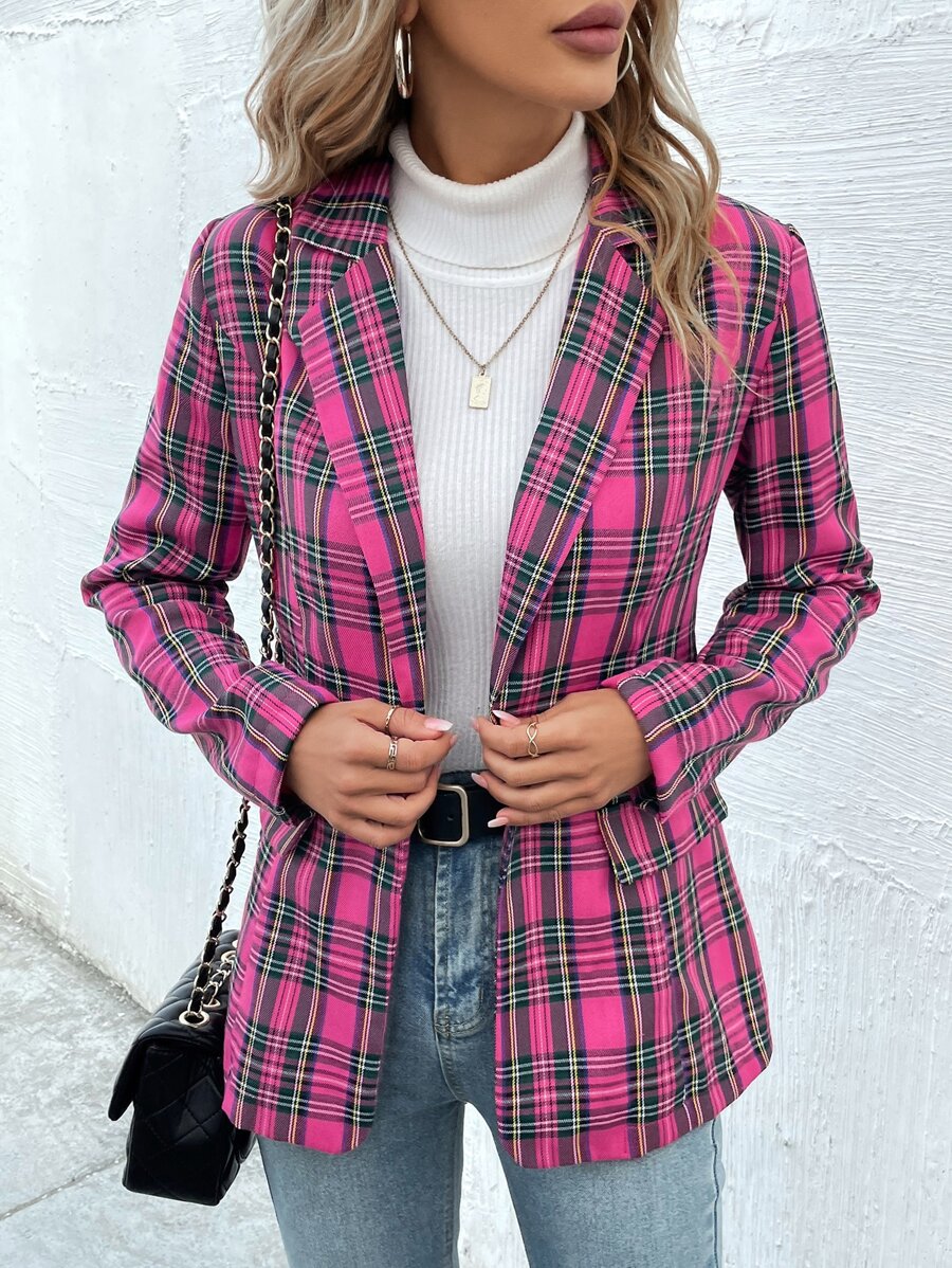 SHEIN Privé Plaid Flap Detail Single Button Blazer - Hot Pink - View 1
