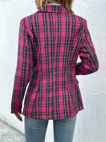 SHEIN Privé Plaid Flap Detail Single Button Blazer - Hot Pink - View 2