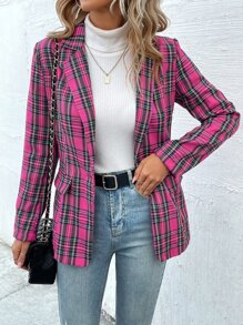 SHEIN Privé Plaid Flap Detail Single Button Blazer - Hot Pink - View 3