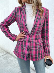 SHEIN Privé Plaid Flap Detail Single Button Blazer - Hot Pink - View 4