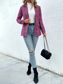 SHEIN Privé Plaid Flap Detail Single Button Blazer - Hot Pink - View 5