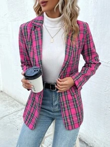 SHEIN Privé Plaid Flap Detail Single Button Blazer - Hot Pink - View 6