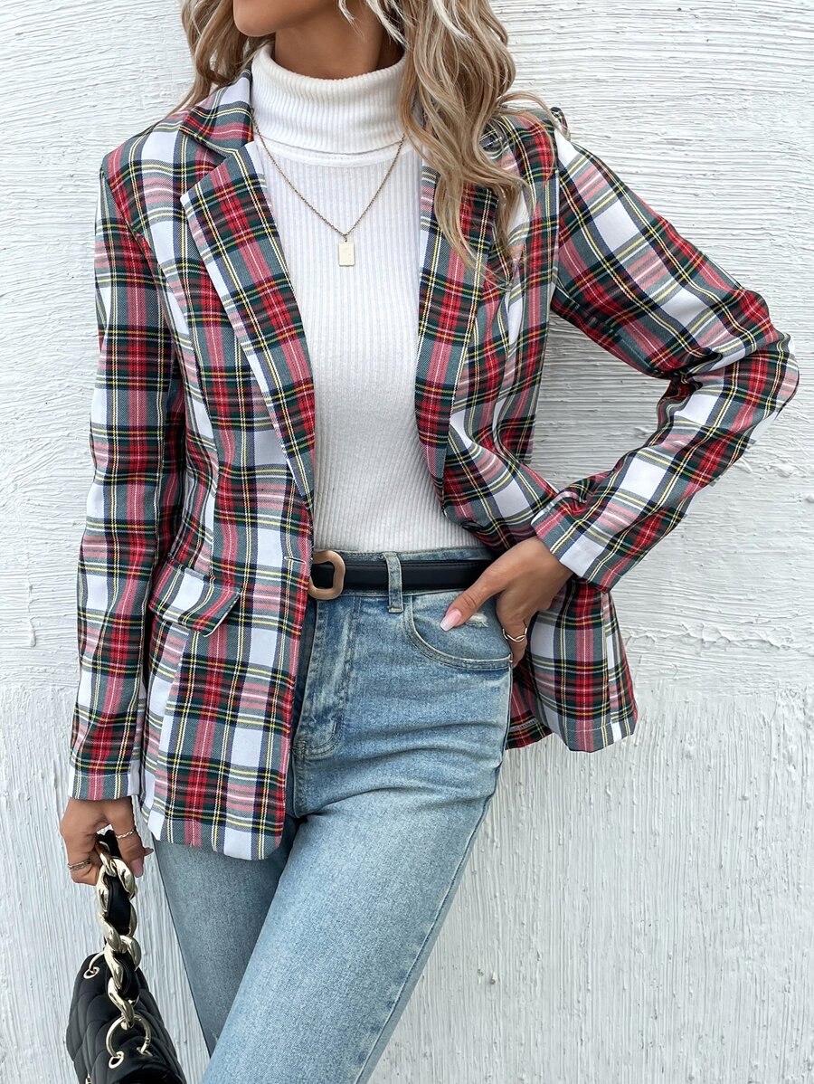 SHEIN LUNE Plaid Flap Detail Single Button Blazer - Red - View 1