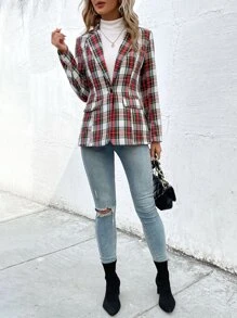 SHEIN LUNE Plaid Flap Detail Single Button Blazer - Red - View 3