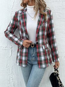 SHEIN LUNE Plaid Flap Detail Single Button Blazer - Red - View 4