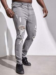 Manfinity Hombres Jeans ajustados desgarro - Gris Claro - Ver 1