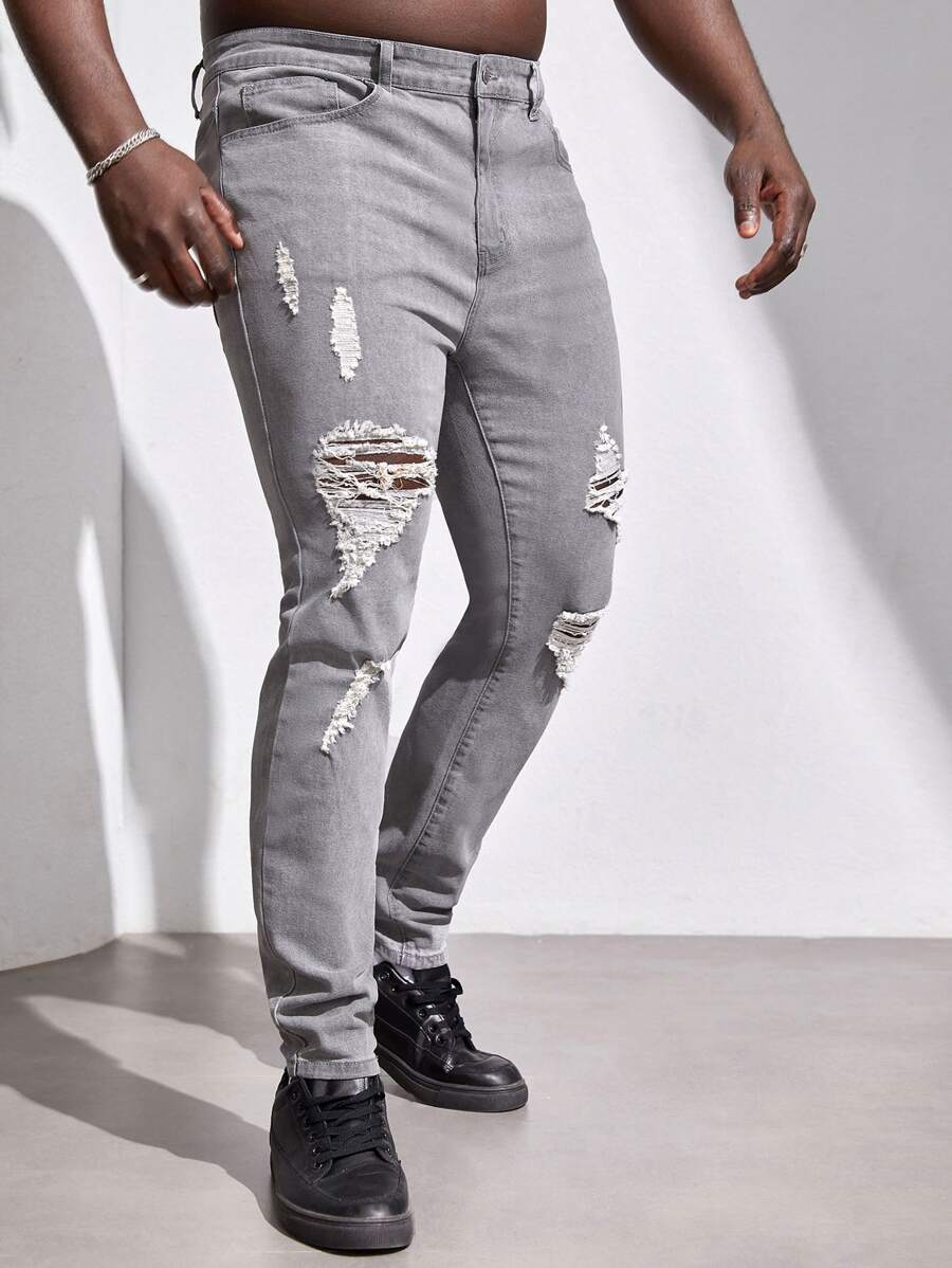 Manfinity Hombres Jeans ajustados desgarro - Gris Claro - Ver 1