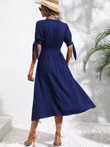 SHEIN VCAY Vestido línea A con botón delantero amarre en manga - Azul Marino - Ver 2