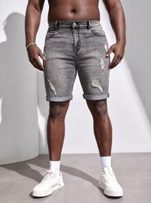 Manfinity RebelGame Men Plus Ripped Roll Up Hem Bermuda Denim Shorts - Dark Grey - View 7