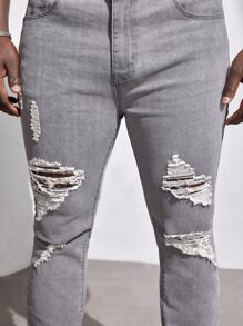 Manfinity Hombres Jeans ajustados desgarro - Gris Claro - Ver 6