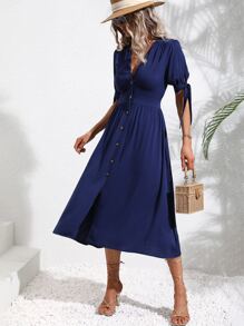 SHEIN VCAY Vestido línea A con botón delantero amarre en manga - Azul Marino - Ver 6