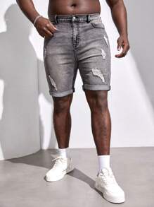 Manfinity RebelGame Men Plus Ripped Roll Up Hem Bermuda Denim Shorts - Dark Grey - View 8