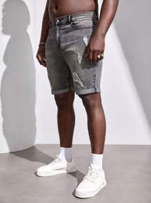 Manfinity RebelGame Men Plus Ripped Roll Up Hem Bermuda Denim Shorts - Dark Grey - View 4
