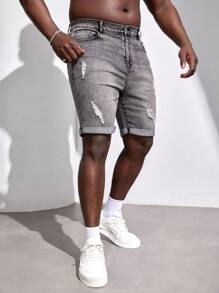 Manfinity RebelGame Men Plus Ripped Roll Up Hem Bermuda Denim Shorts - Dark Grey - View 6