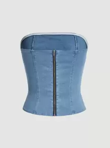 SHEIN MOD Áo khoác denim nữ Dây kéo màu trơn Giải trí - Rửa nhẹ - Xem 2