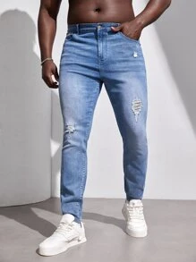 GENTILAND Men Plus Ripped Skinny Jeans - Light Wash - View 1