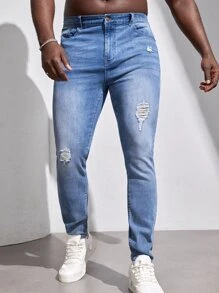 GENTILAND Men Plus Ripped Skinny Jeans - Light Wash - View 4