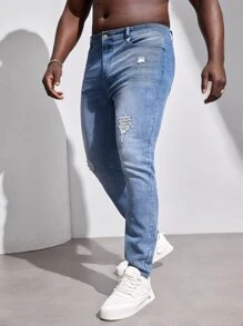 GENTILAND Men Plus Ripped Skinny Jeans - Light Wash - View 5