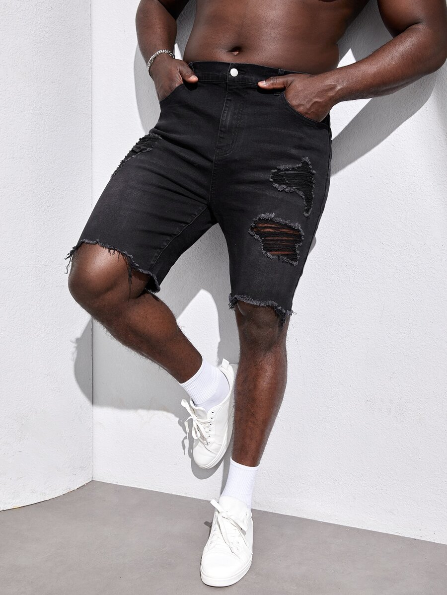 Manfinity Hombres Shorts mezclilla bermuda desgarro bajo crudo - Negro - Ver 1