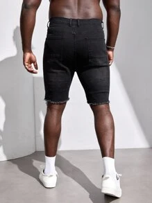 Manfinity Hombres Shorts mezclilla bermuda desgarro bajo crudo - Negro - Ver 2