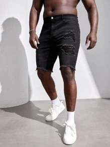 Manfinity Hombres Shorts mezclilla bermuda desgarro bajo crudo - Negro - Ver 3