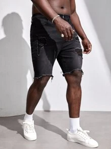 Manfinity Hombres Shorts mezclilla bermuda desgarro bajo crudo - Negro - Ver 4