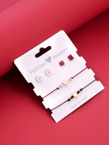 2 piezas Pulsera con adorno de corazón & 2 pares Pendientes de tachuela con diseño de conejo - Multicolor - Ver 1